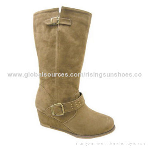 Women's trendy wedge heel dress boots, knee height style, decorated with tapes and metal rivets